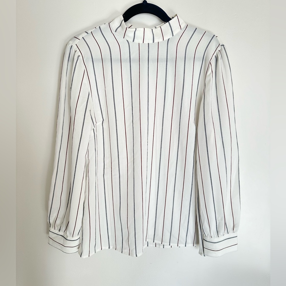 Ann Taylor Factory White Red & Black Striped High Neck‎ Blouse Medium Women’s
